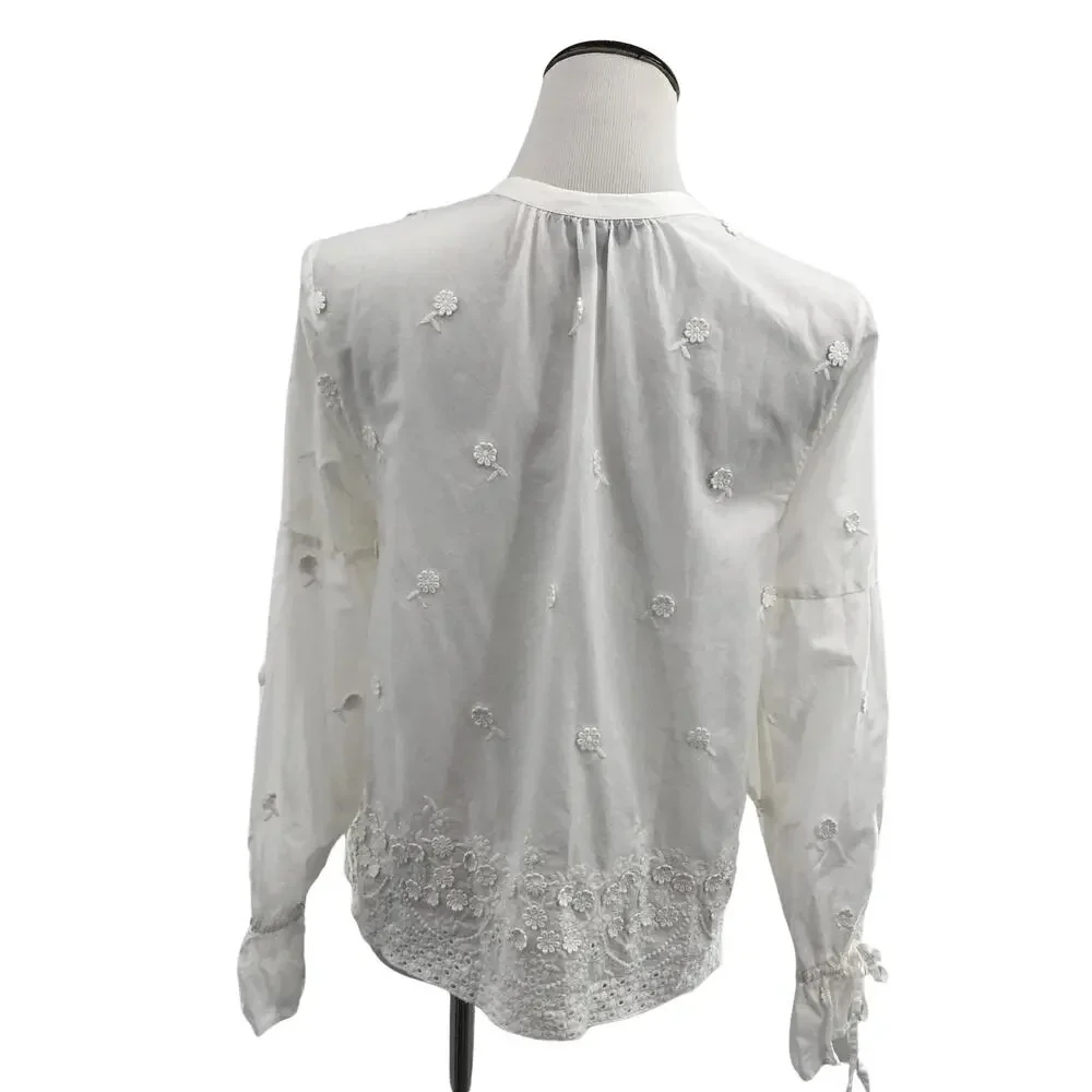 J. Crew White Embroidered Peasant Floral Popover Blouse